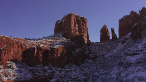 aerial pan 5 of cathedral rock near oak creek, sedona arizona - after a snowfall