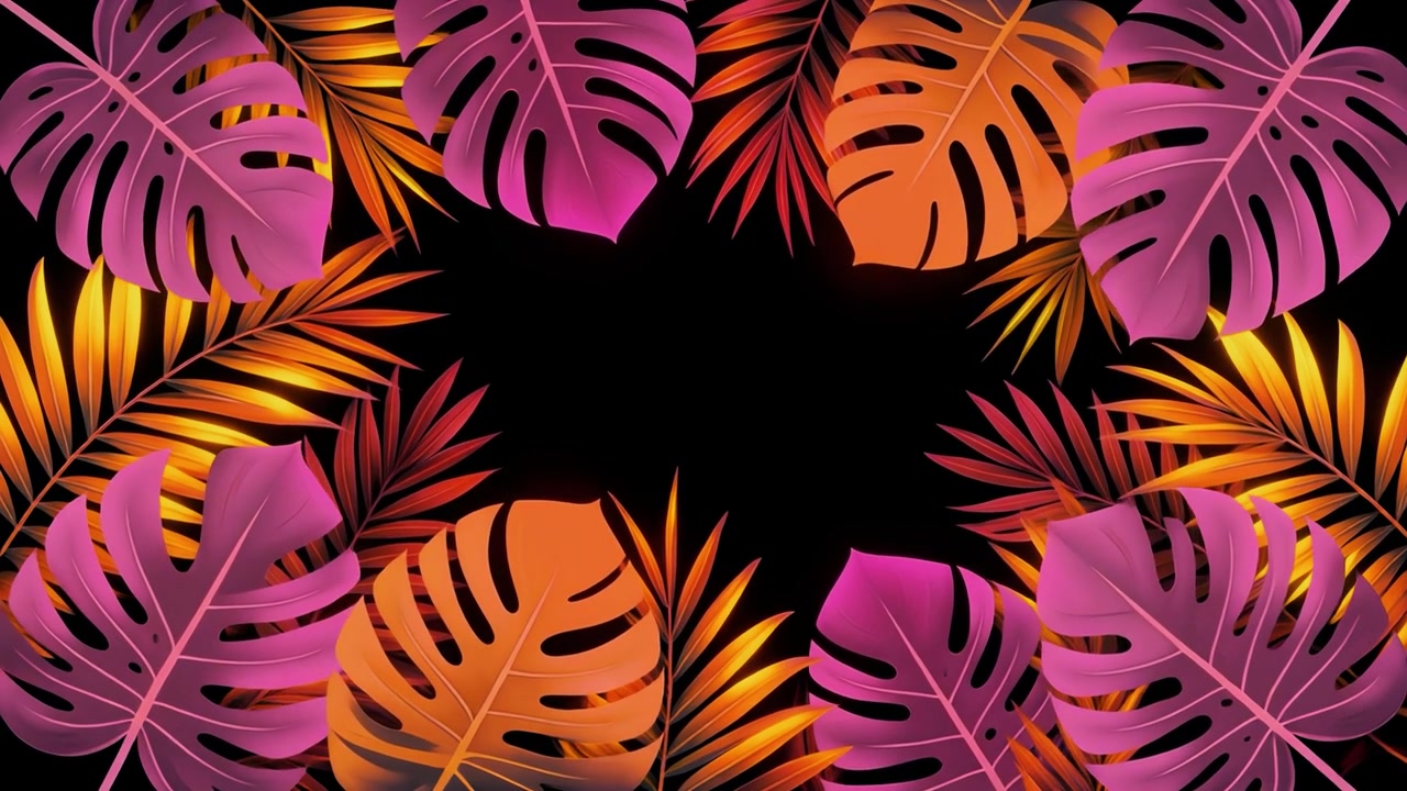 Tropischer Rahmen aus Monstera- und Palmenblättern mit Neon-Farbverläufen