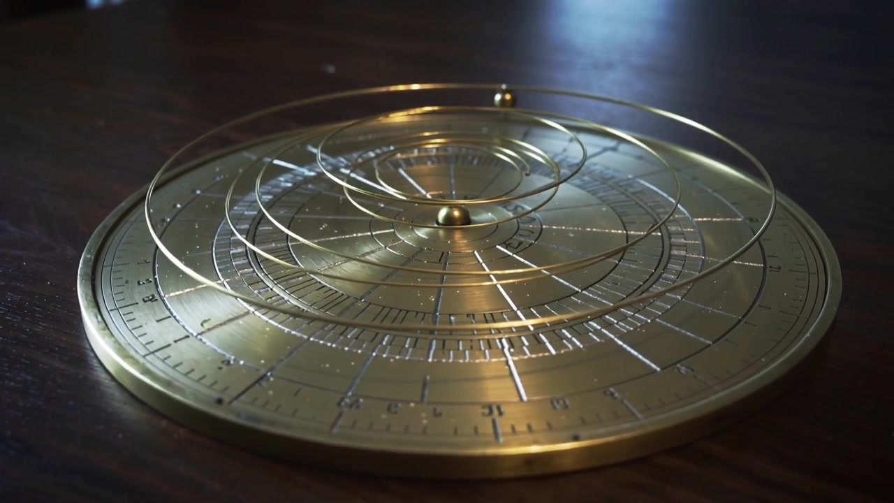 Rotating outer ring, brass bead rolling clockwise on wooden tabletop during demo, showing dial