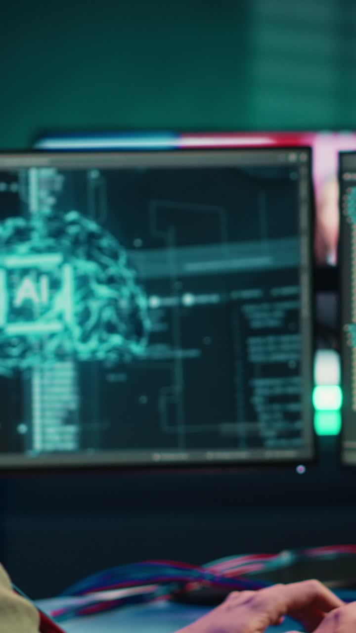 Man Wearing EEG Cap Working on AI Development at Night