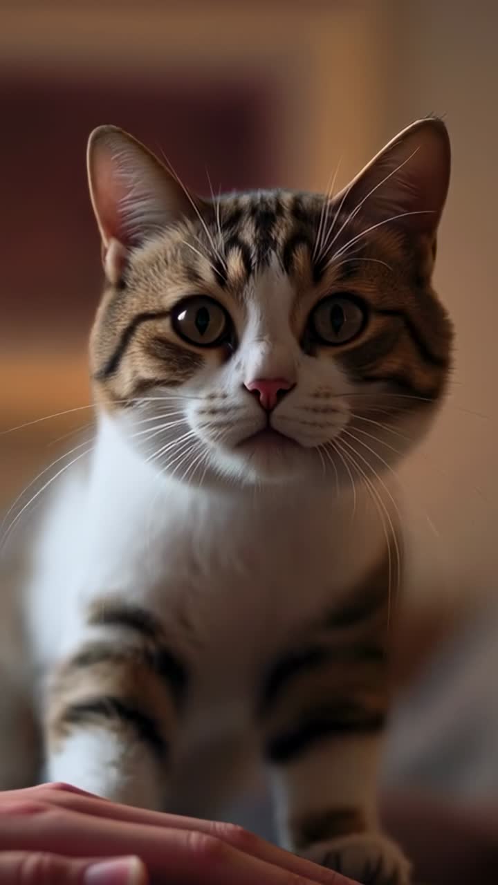Vídeo vertical: Primer plano de un gato atigrado que reacciona a una mano humana que descansa sobre una manta texturizada en una casa