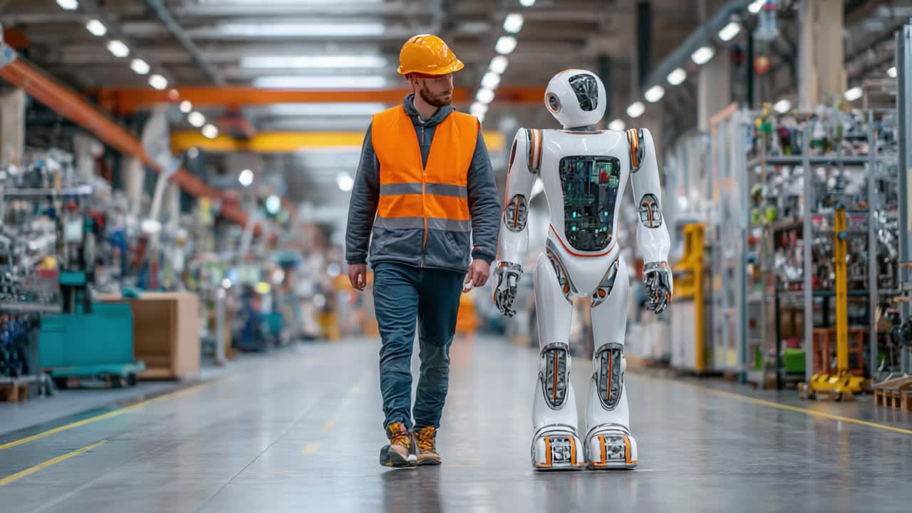 A Human and Robot Collaborate in an Advanced Manufacturing Facility, Showcasing the Future of Automation and Technology Integration in Industrial Settings