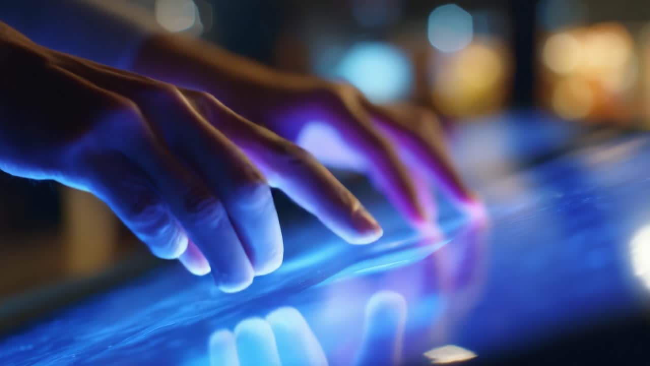 Illuminated Touchscreen Interaction: Capturing the Engaging Moment of Fingers Gliding Across Vibrant Display Panels with Dynamic Lighting Effects in a Modern Digital Environment