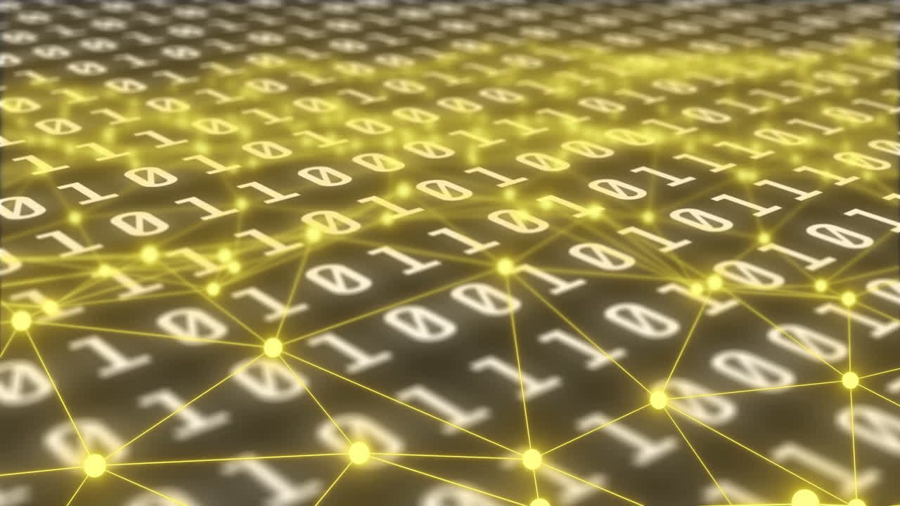 노란색으로 빛나는 노드 위의 이진 코드 및 네트워크 연결 애니메이션
