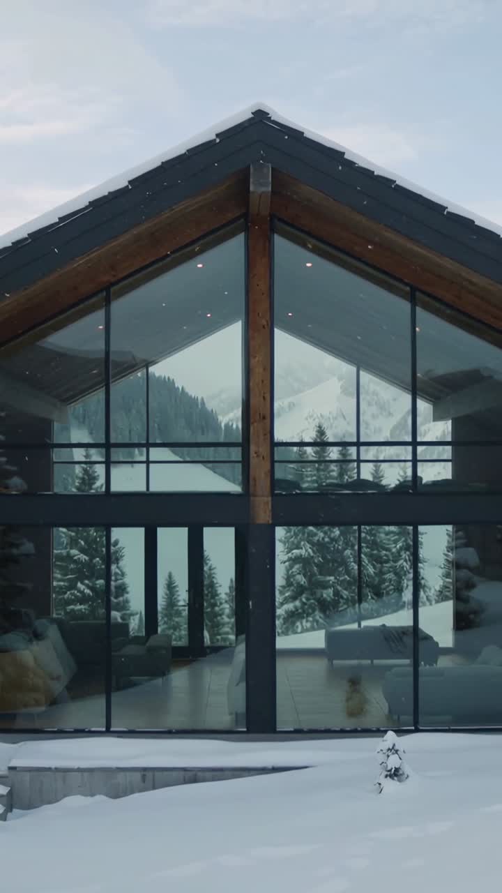 Casa moderna con ampie vetrate in un paesaggio montano innevato