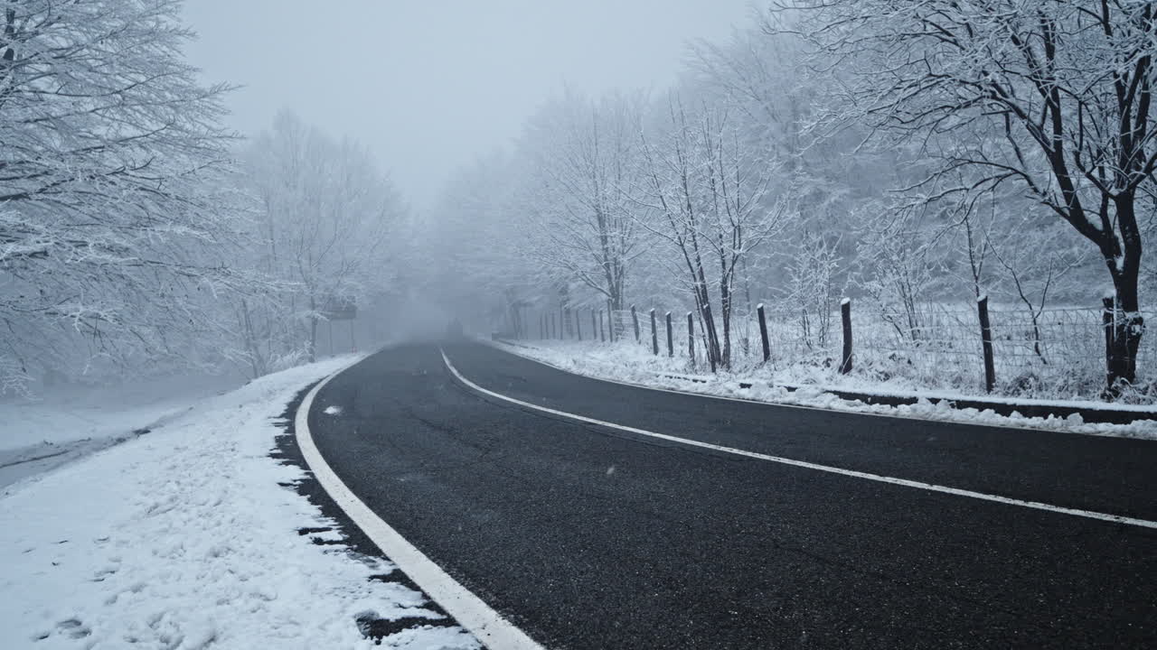 눈 인 도로가 얼어붙은 숲을 가로질러 구부러져 고독과 겨울의 평온을 불러일으킨다.