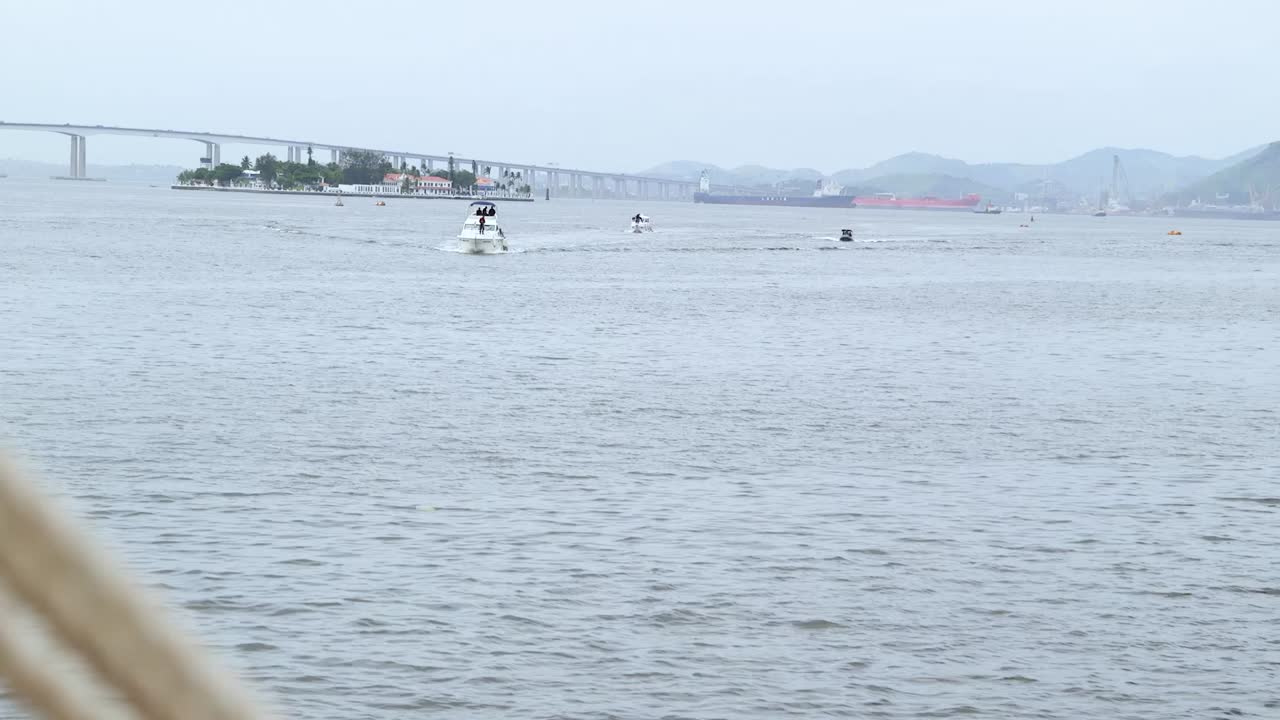 Boat approaches the port in Guanabara bay, Rio de Janeiro, Brazil