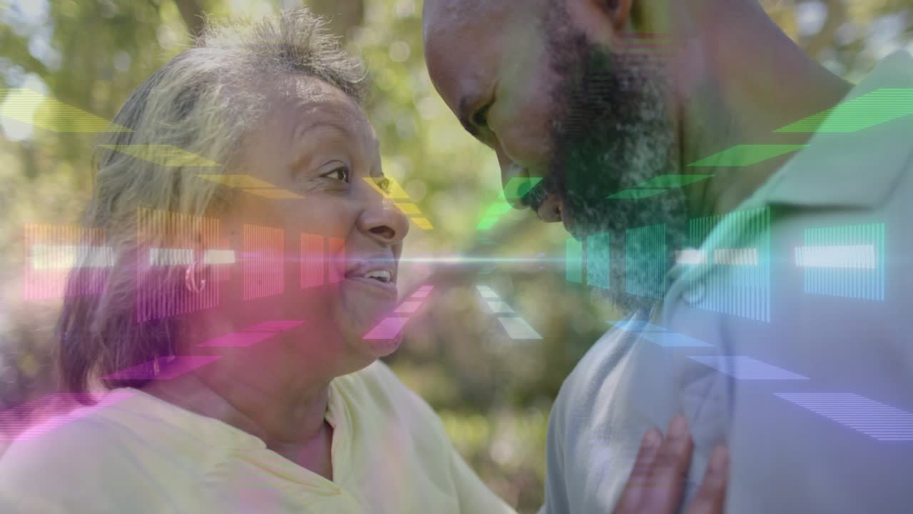 Animated bars rising over couple, woman laughing toward man, man placing hand on chest, health love
