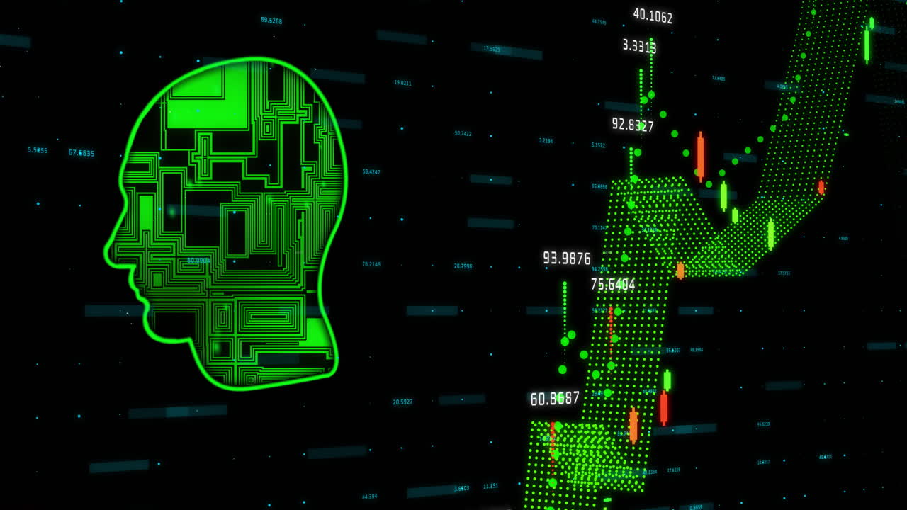 Animation of financial data processing over circuit board head on black background
