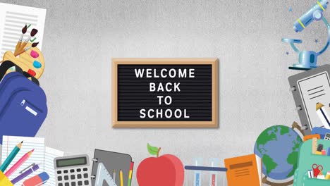 animation of welcome back to school text and school icons