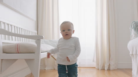 cute baby boy learning to walk toddler exploring home curious infant walking through house enjoying childhood