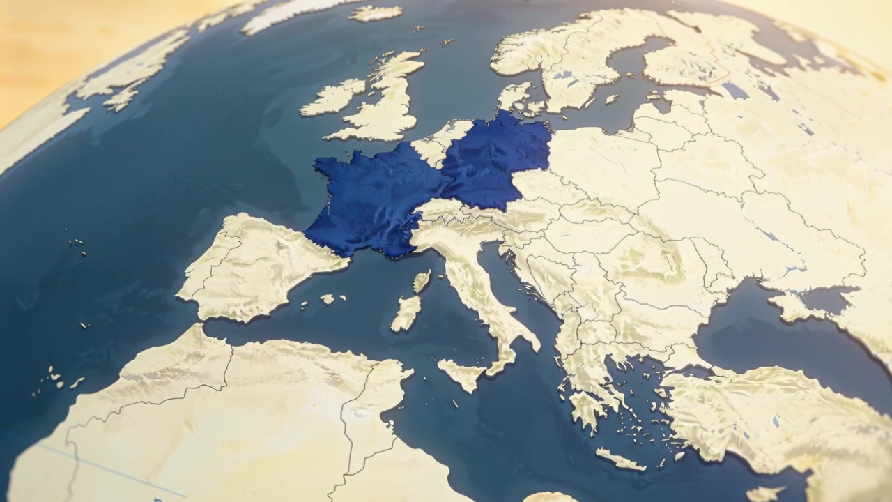 Riproduzione in avvio, telecamera che ruota per mantenere visibile la Francia blu su un globo 3D dell'Europa che mostra l'etichetta