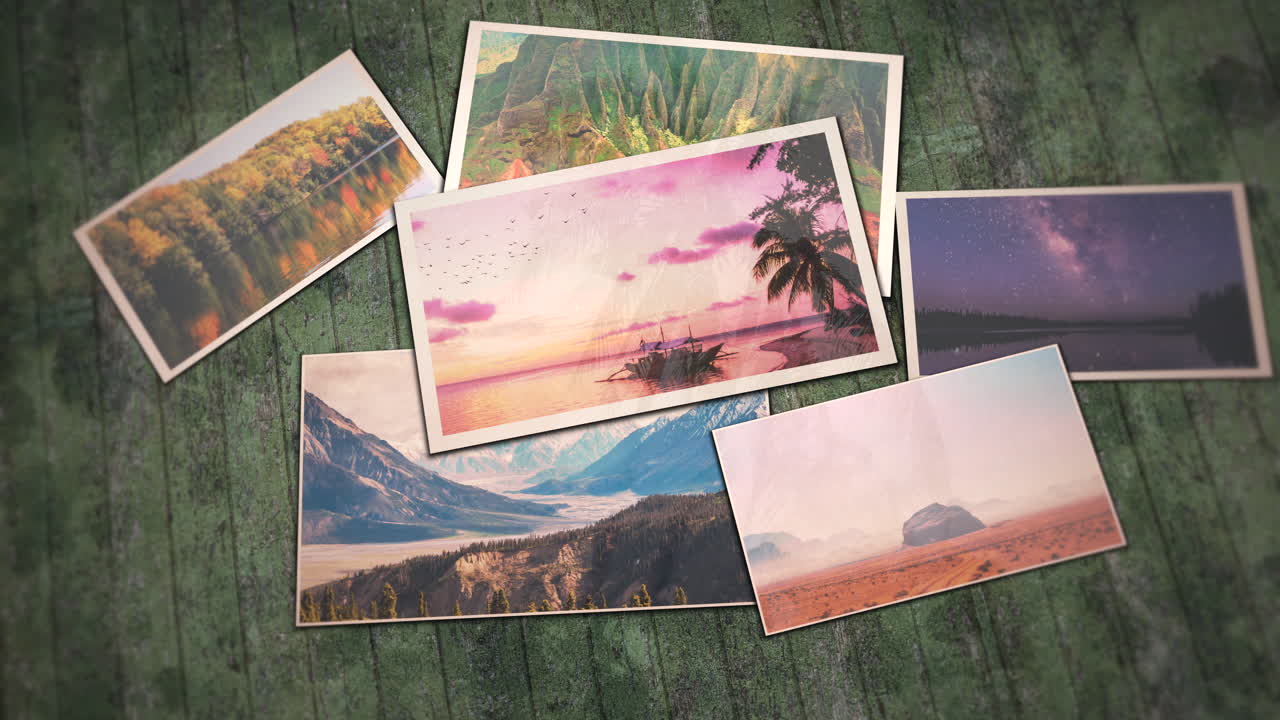 Collage photos with summer landscape in different country and time