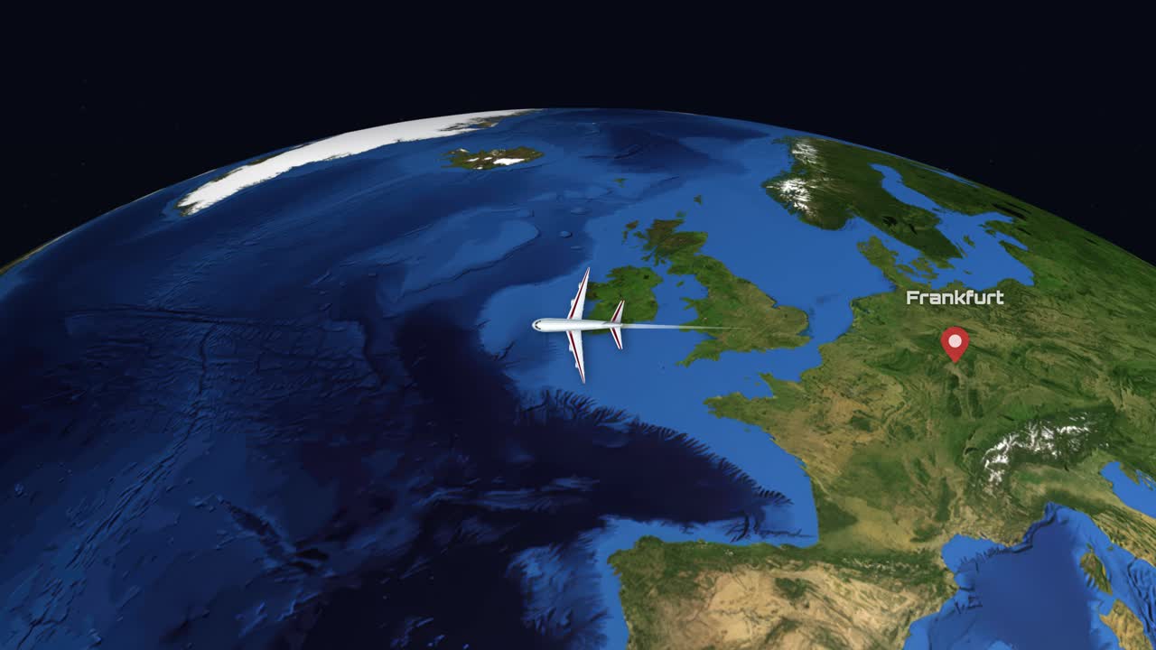 A digital animation tracks a commercial airplane flying across the Atlantic Ocean toward Florida