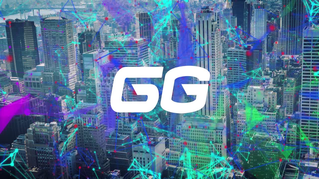 Animation of 6g text, cityscape and connections