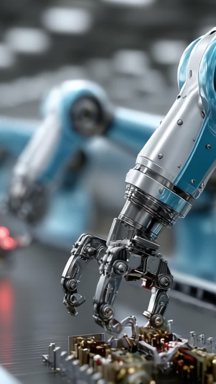 Avanceret robotarm, der manipulerer komponenter på et samlebånd og viser præcision og effektivitet inden for industriel automationsteknologi.