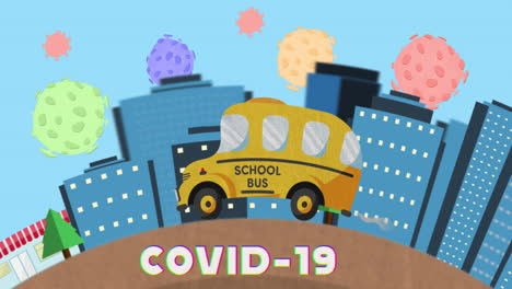 autobús escolar conduciendo sobre las células de coronavirus.