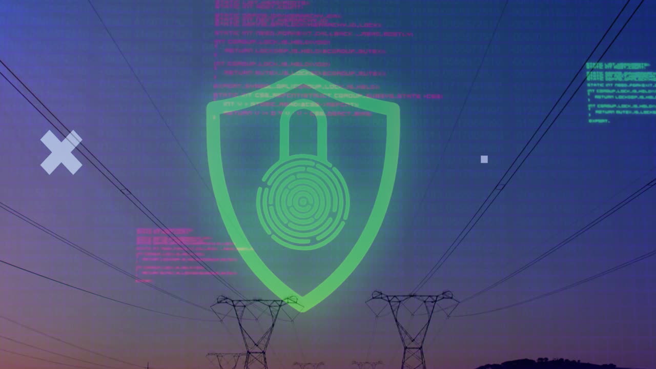 Red shield lock fingerprint circuit being animated over power towers with streaming pink green code