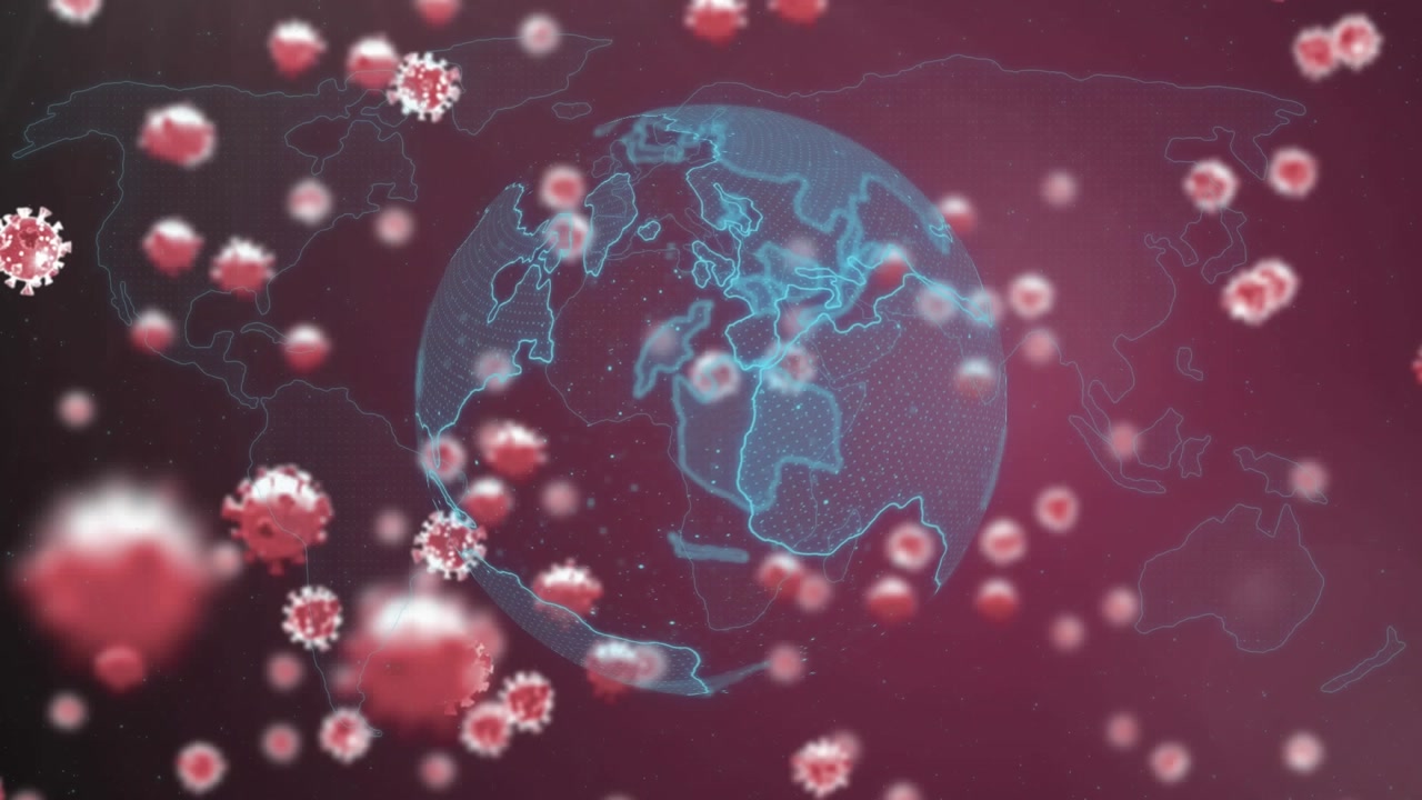 Animation of covid-19 cells floating over spinning globe and world map against pink background