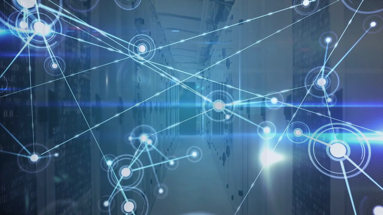 Vertical video: Central node glowing and sending lines to nodes, mapping network flow across racks