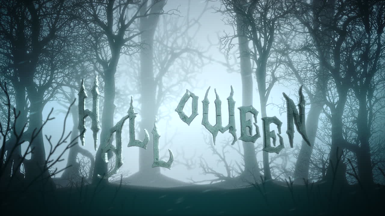 Halloween en mystieke achtergrond met donker bos en mist