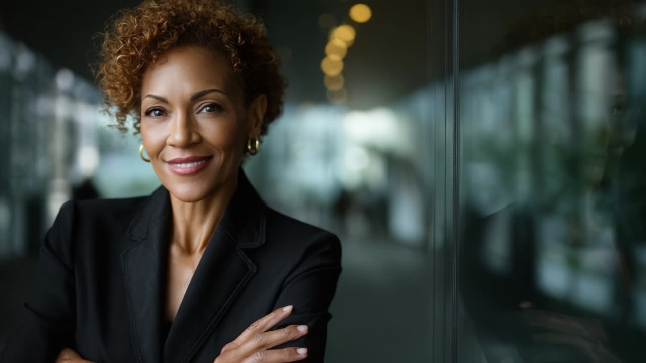 A confident woman exuding professionalism and poise, stands elegantly with arms crossed in a modern urban setting, showcasing her charismatic smile and stylish attire against a blurred background