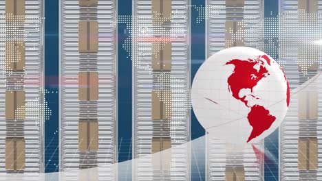 Animation-of-stacked-up-cardboard-boxes-moving-with-globe-spinning-and-world-map