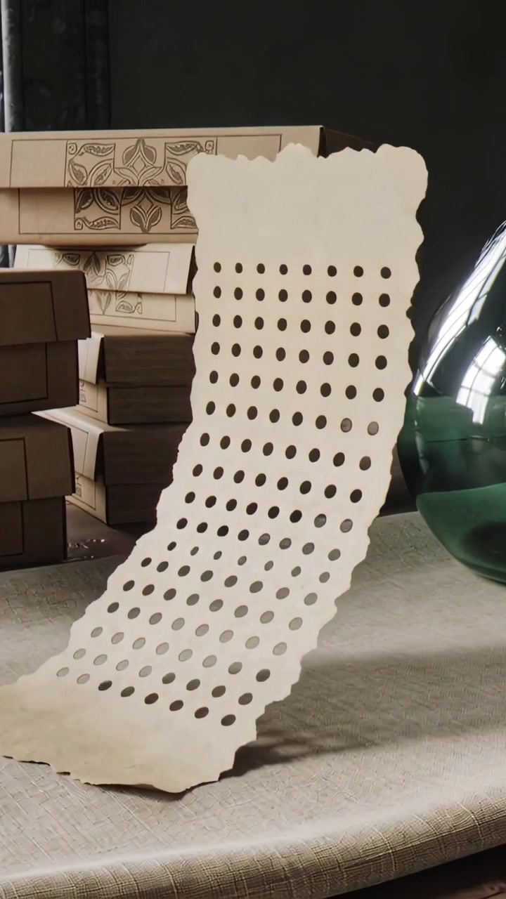 Vertical video: Lifting torn sheet, arching, flattening on cloth, revealing holes by vase and boxes