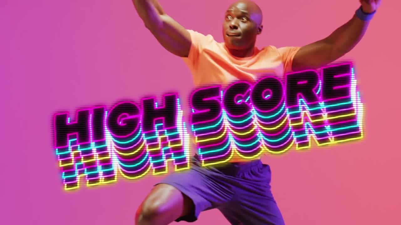 Animation of high score text over basketball player on neon background