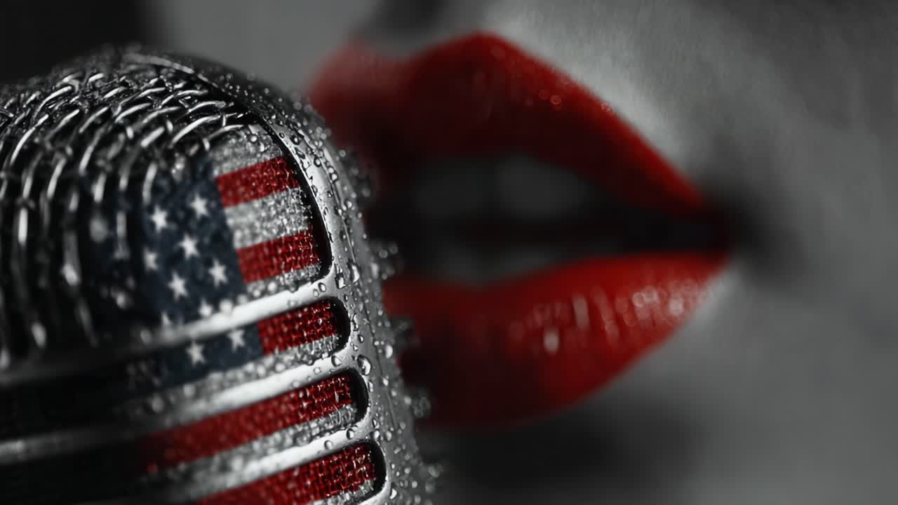 A Beautiful Close-Up of a Vintage Microphone with American Flag Design and Scarlet Lips, Capturing the Essence of Music and Passion in a Unique Artistic Perspective
