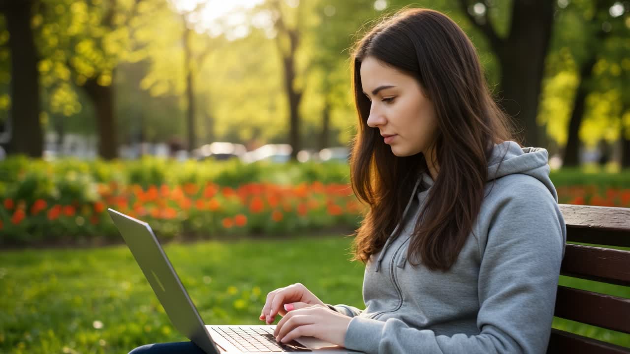 A Young Woman Enjoys a Serene Outdoor Environment While Working on Her Laptop in a Park, Surrounded by Lush Greenery and Colorful Flowers During the Golden Hour