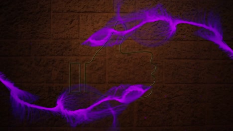 Digital-animation-of-purple-digital-waves-over-neon-yellow-like-icon-against-brick-wall