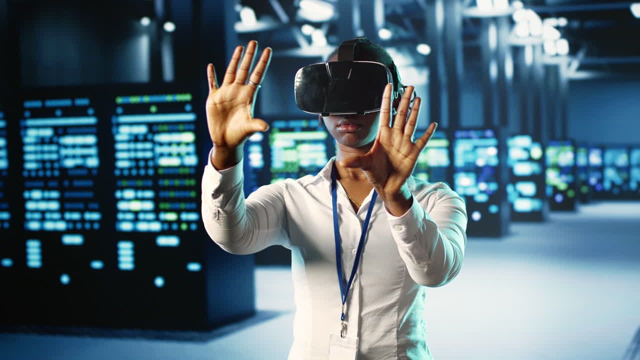 Woman using VR in data center