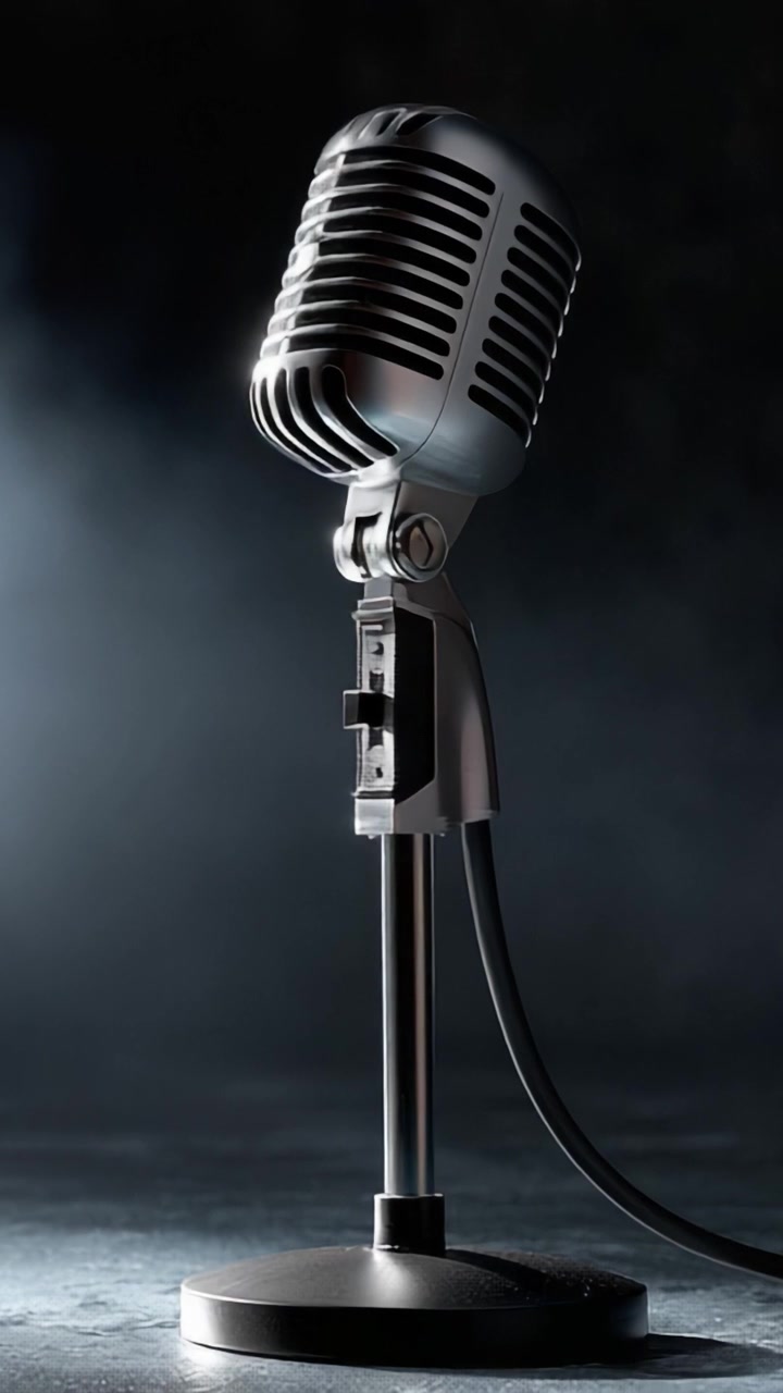 A Vintage Microphone Standing Tall on a Stage, Surrounded by Dramatic Shadows and Light, Capturing the Essence of Live Performance and Sound Technology