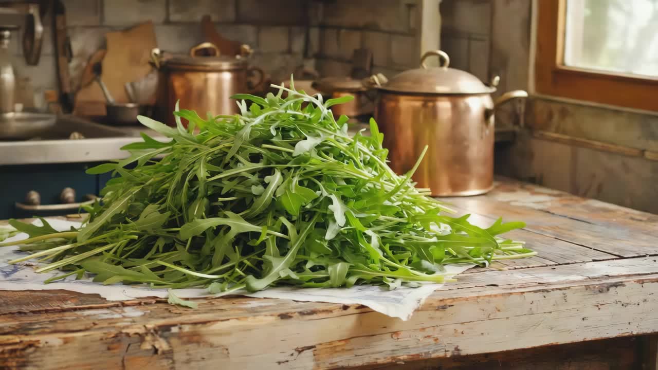 Arugula and Copper Pots in a Kitchen