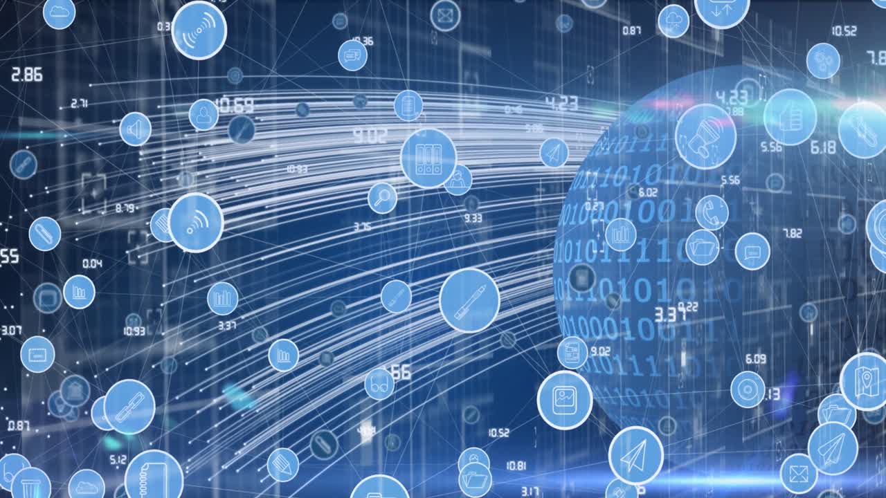 Network of digital icons against binary coding on globe against light trails on blue background