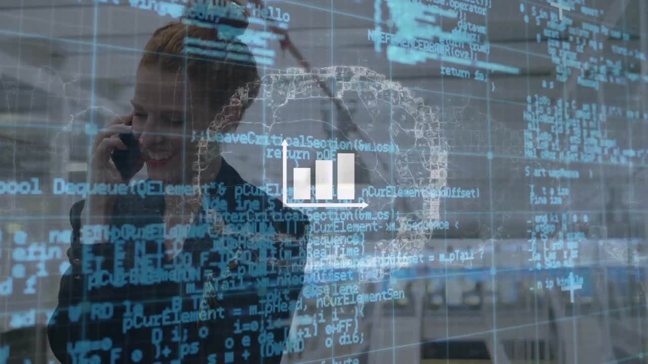 animación del procesamiento de datos financieros sobre una mujer de negocios caucásica que usa un teléfono inteligente