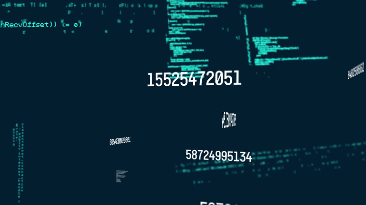 Animation of numbers changing and data processing over dark green background