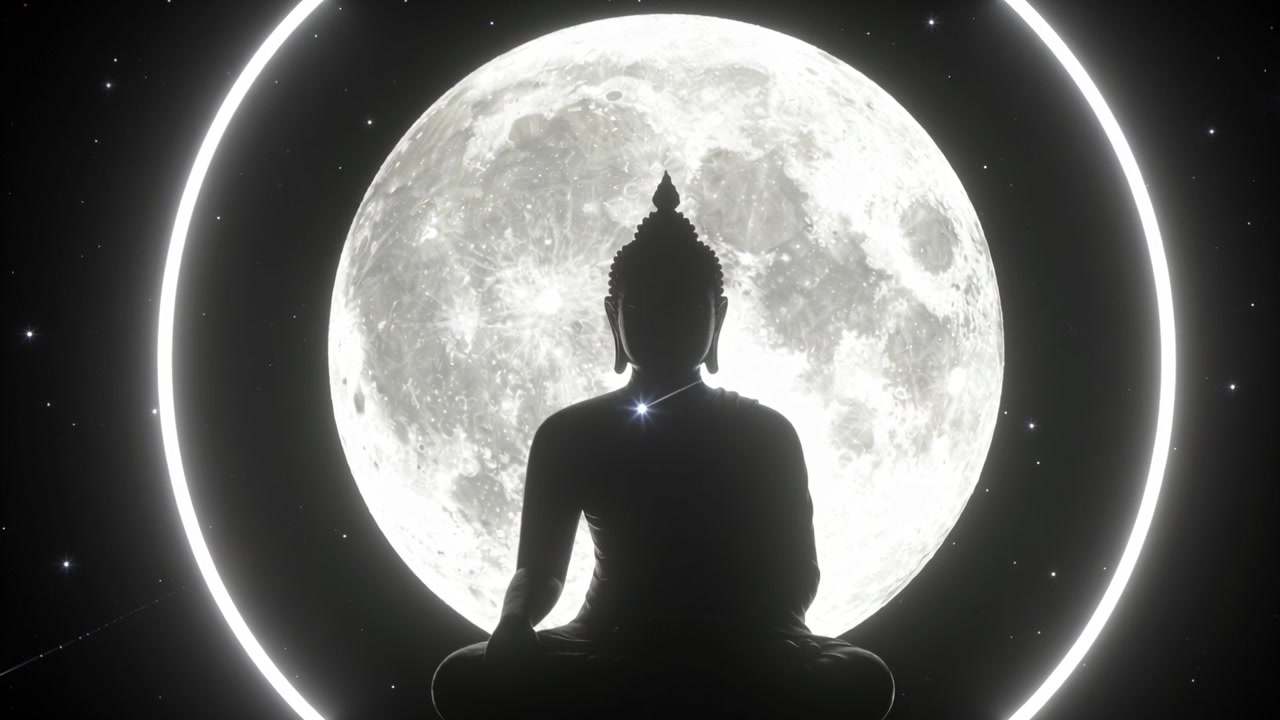 Buddha seduto che proietta bagliori sulla veste sotto la luna piena, mentre reagisce a un alone pulsante e a una scia di meteora.