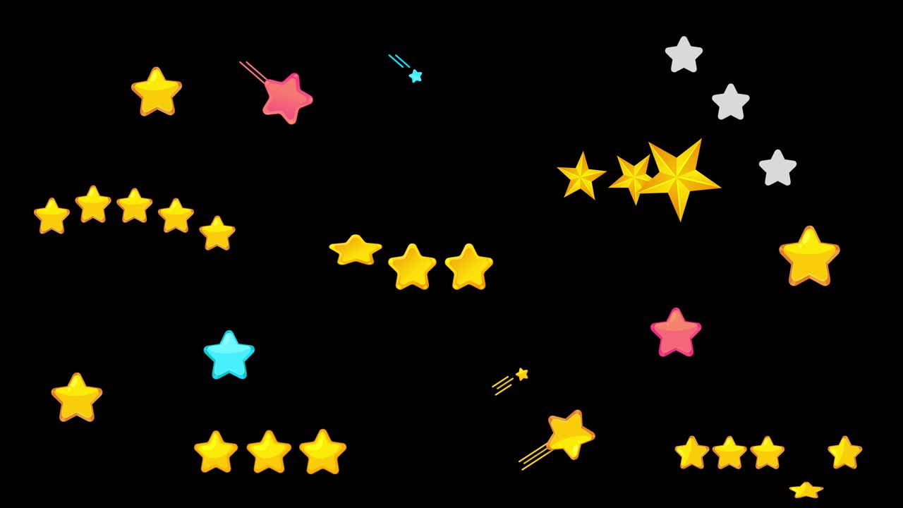 Colorful stars move and transform against a black backdrop, creating a vibrant and playful visual experience