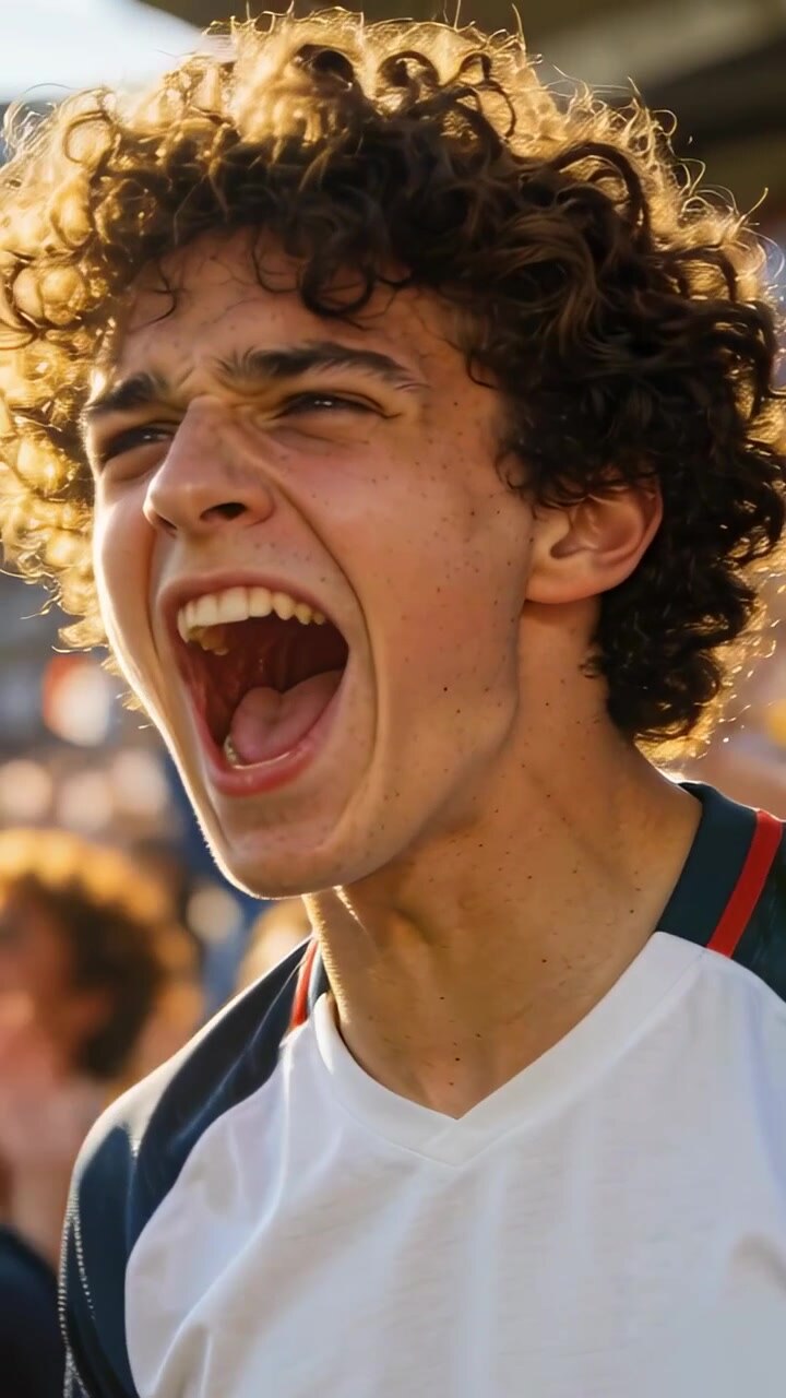 Vertical video: Leaning forward teen fan in white shirt shouting at rail, reacting to on-field goal
