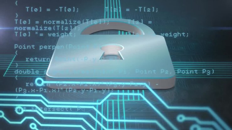 Animation of a padlock with microprocessor connections and data and information moving