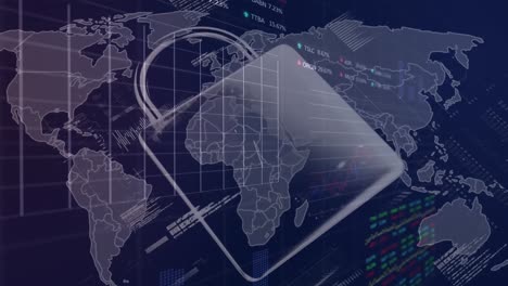 Animation-of-padlock-over-graphs-and-trading-boards-over-computer-language-against-map-in-background