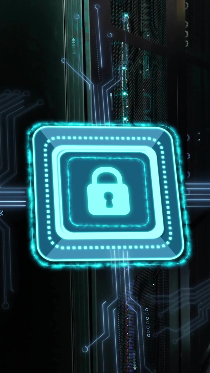 Animazione di un lucchetto con connessioni su una sala server