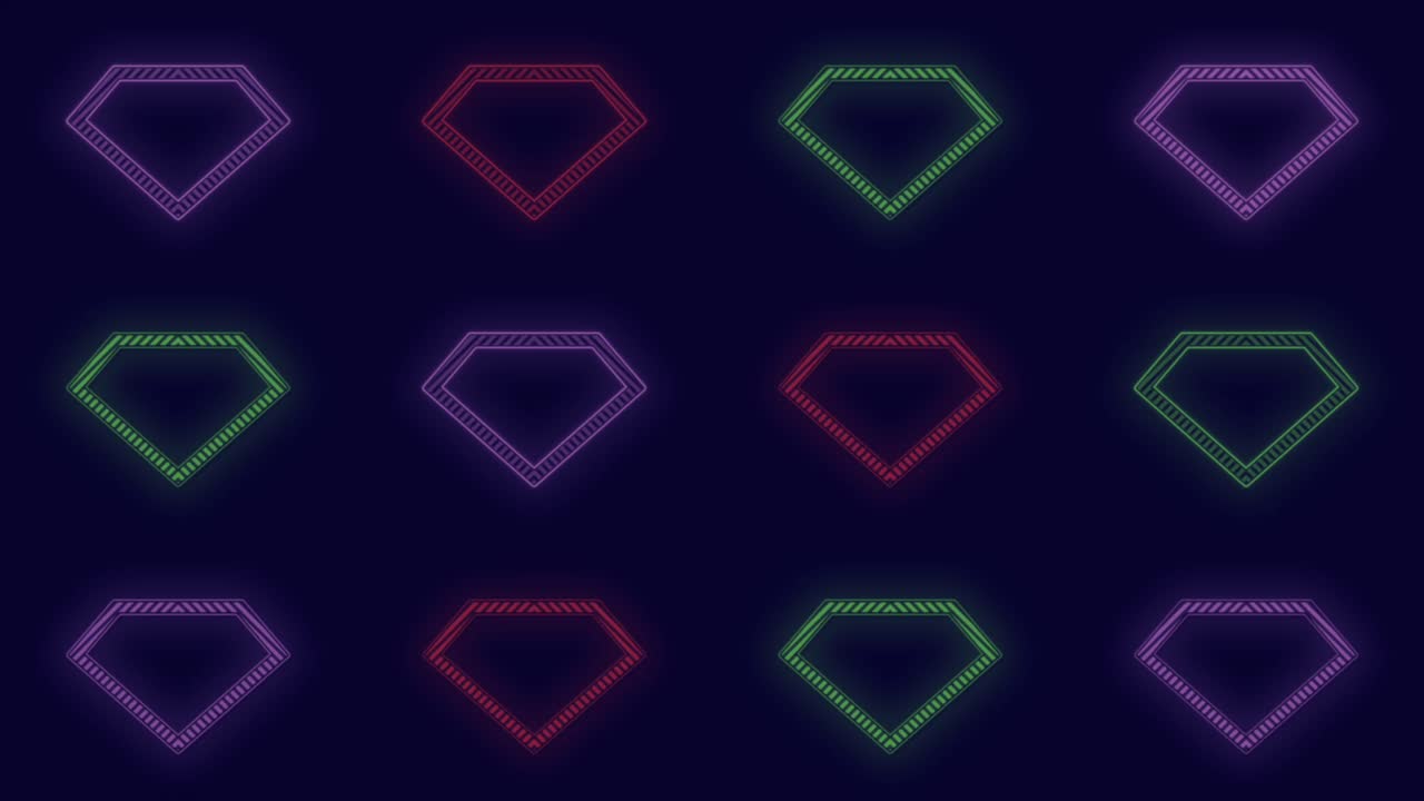 Pulsing neon colorful diamonds pattern in rows 1