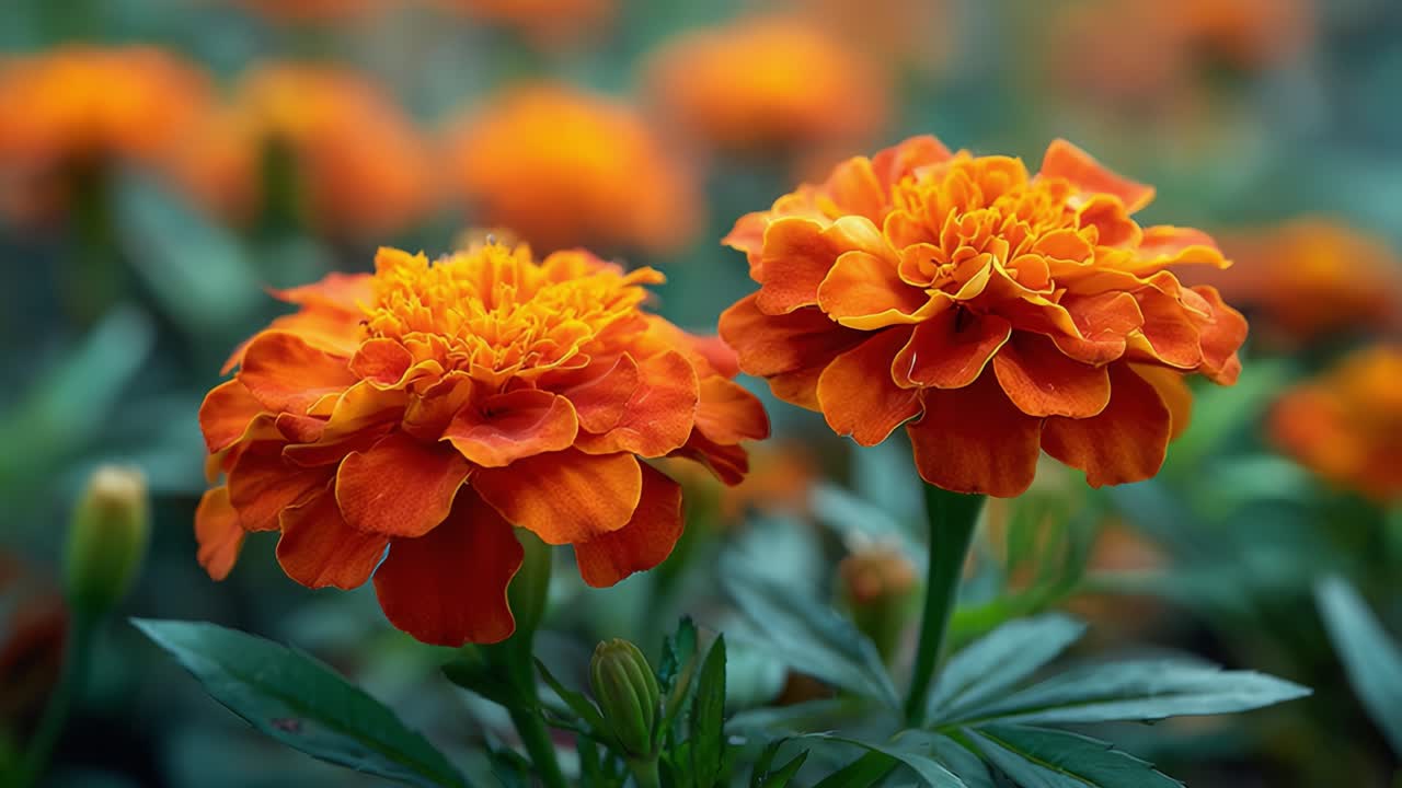 Bellissimi fiori di calendula arancioni in piena fioritura, che mostrano i loro petali vivaci e le foglie verdi e rigogliose, creando uno splendido spettacolo di bellezza naturale.