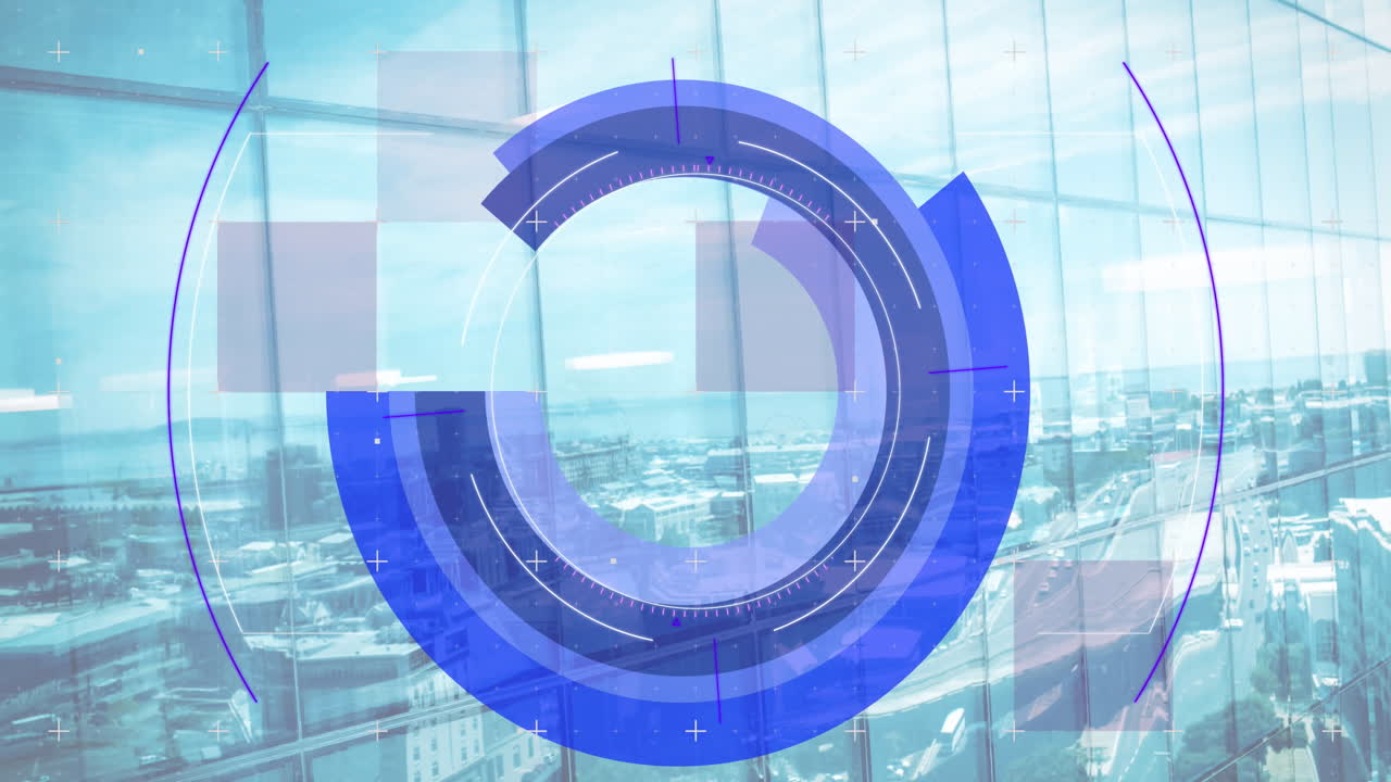 Animation of financial data processing over cityscape