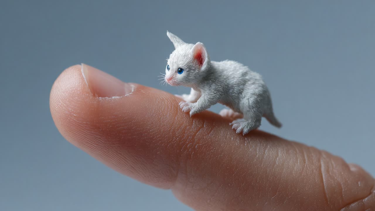 A Tiny White Kitten Balancing on a Finger: A Playful Moment Captured in Stunning Detail, Showcasing the Delicate Interaction Between Human and Animal in a Minimalistic Setting
