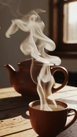 steaming hot tea on a rustic wooden table