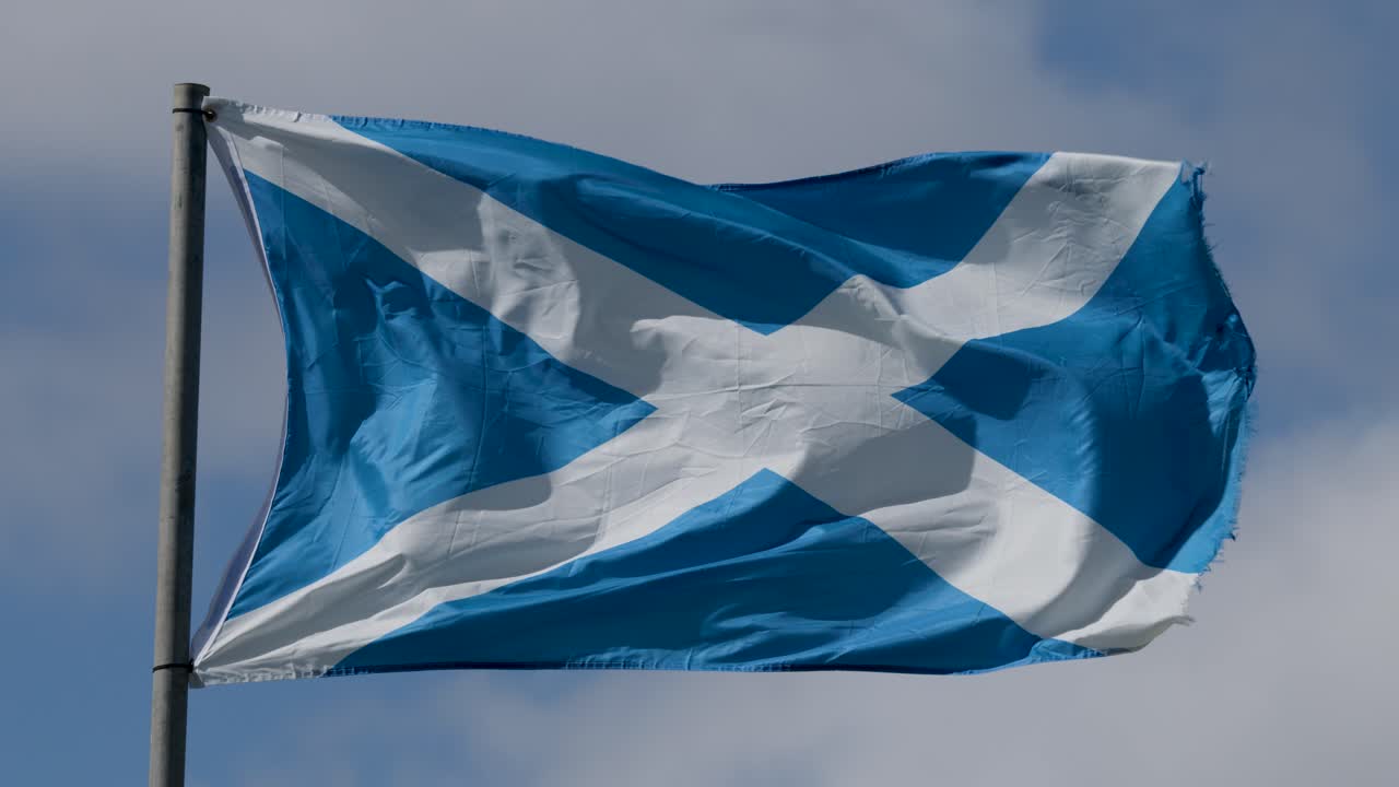 Blue and white saltire flag flutters dynamically on flagpole, daylight, outdoor, steady camera